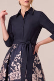 Navy A Line Jacquard 3/4 Sleeve Mother of the Bride Dress with Sash