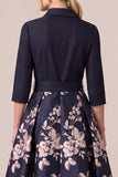 Navy A Line Jacquard 3/4 Sleeve Mother of the Bride Dress with Sash