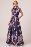 Floral Navy Jacquard Collar A Line Mother of the Bride Dress with Sash