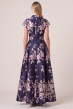 Floral Navy Jacquard Collar A Line Mother of the Bride Dress with Sash