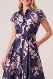 Floral Navy Jacquard Collar A Line Mother of the Bride Dress with Sash