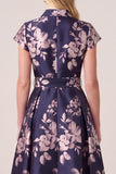 Floral Navy Jacquard Collar A Line Mother of the Bride Dress with Sash