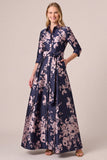 Navy A Line Collar Jacquard Mother of the Bride Dress with Sash