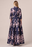 Navy A Line Collar Jacquard Mother of the Bride Dress with Sash