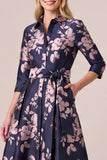 Navy A Line Collar Jacquard Mother of the Bride Dress with Sash