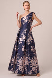 One Shoulder Bow Navy Jacquard Floral A Line Mother of the Bride Dress