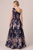 One Shoulder Bow Navy Jacquard Floral A Line Mother of the Bride Dress