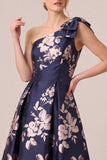 One Shoulder Bow Navy Jacquard Floral A Line Mother of the Bride Dress