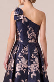 One Shoulder Bow Navy Jacquard Floral A Line Mother of the Bride Dress