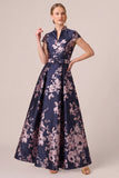 Floral A Line Collar Jacquard Navy Mother of the Bride Dress with Belt