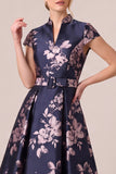 Floral A Line Collar Jacquard Navy Mother of the Bride Dress with Belt