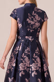 Floral A Line Collar Jacquard Navy Mother of the Bride Dress with Belt