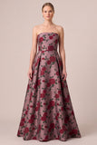 Burgundy Strapless Jacquard A Line Floral Maxi Dress