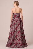 Burgundy Strapless Jacquard A Line Floral Maxi Dress