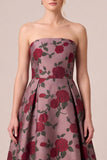 Burgundy Strapless Jacquard A Line Floral Maxi Dress