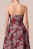 Burgundy Strapless Jacquard A Line Floral Maxi Dress