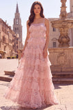 Sparkly Pink Ruffled Tiered Spaghetti Straps A Line Long Prom Dress with Lace-up Back