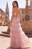 Sparkly Pink Ruffled Tiered Spaghetti Straps A Line Long Prom Dress with Lace-up Back