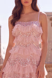 Sparkly Pink Ruffled Tiered Spaghetti Straps A Line Long Prom Dress with Lace-up Back