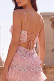 Sparkly Pink Ruffled Tiered Spaghetti Straps A Line Long Prom Dress with Lace-up Back