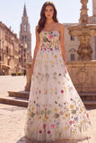 White Corset Strapless Floral Appliqued A Line Long Prom Dress with Lace-up Back