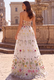 White Corset Strapless Floral Appliqued A Line Long Prom Dress with Lace-up Back