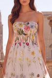 White Corset Strapless Floral Appliqued A Line Long Prom Dress with Lace-up Back