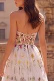 White Corset Strapless Floral Appliqued A Line Long Prom Dress with Lace-up Back