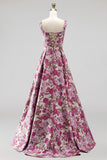 Fuchsia Floral Pearl Square Neck Jacquard A Line Prom Dress