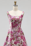 Fuchsia Floral Pearl Square Neck Jacquard A Line Prom Dress