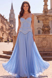 Light Blue A Line Beaded Corset Long Prom Dress with Lace-up Back