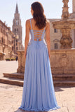 Light Blue A Line Beaded Corset Long Prom Dress with Lace-up Back