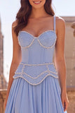 Light Blue A Line Beaded Corset Long Prom Dress with Lace-up Back