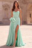 Mint Mermaid Satin Corset Bow Lace-up Back Long Prom Dress with Slit