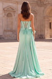Mint Mermaid Satin Corset Bow Lace-up Back Long Prom Dress with Slit