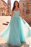 Strapless Corset Mint Tulle A Line Long Prom Dress with Pearls