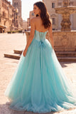 Strapless Corset Mint Tulle A Line Long Prom Dress with Pearls