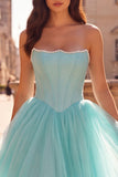 Strapless Corset Mint Tulle A Line Long Prom Dress with Pearls