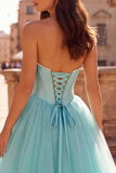 Strapless Corset Mint Tulle A Line Long Prom Dress with Pearls