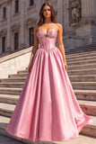 Pink Corset Satin Strapless A Line Long Prom Dress with Rhinestones