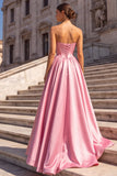Pink Corset Satin Strapless A Line Long Prom Dress with Rhinestones