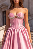 Pink Corset Satin Strapless A Line Long Prom Dress with Rhinestones