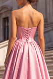 Pink Corset Satin Strapless A Line Long Prom Dress with Rhinestones