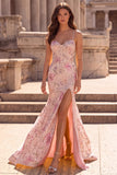 Floral Sequin Pink Corset Mermaid Prom Dress with Slit