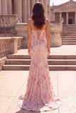 Floral Sequin Pink Corset Mermaid Prom Dress with Slit