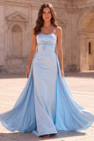 Light Blue Bow Satin Strapless Sheath Long Prom Dress with Overskirt
