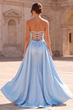 Light Blue Bow Satin Strapless Sheath Long Prom Dress with Overskirt