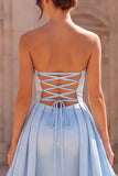 Light Blue Bow Satin Strapless Sheath Long Prom Dress with Overskirt
