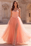 Corset Sweetheart Coral Beaded Tulle A Line Prom Dress with Slit