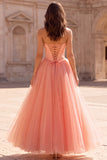 Corset Sweetheart Coral Beaded Tulle A Line Prom Dress with Slit